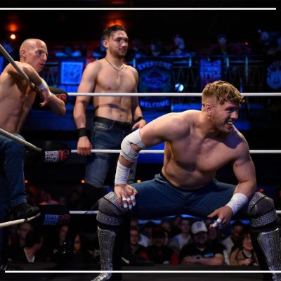 Will Ospreay and Paul Robinson (Swords of Essex) with Callum Newman